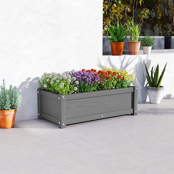 HDPE Planter Box All-Weather Outdoor Garden Bed Easy to Assemble Drainage System Low Maintenance Non-Fading for Flower/Herb/Seed (Gray)