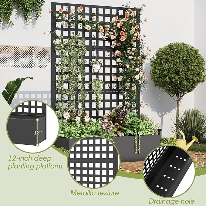 Metal Planter Box with Trellis 71x 47x 16 Raised Garden Bed Planter Box Trellis with Privacy Screen and Drainage Holes Black