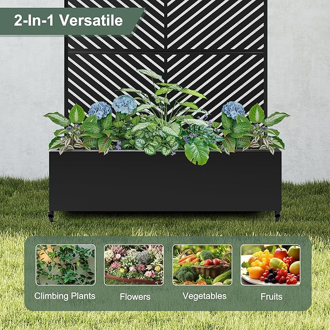 Large Metal Raised Garden Beds with Privacy Screen Standing Planter Box with Trellis &amp Wheels for Outdoor Climbing Plants Garden Boxes with Drainage Holes for Patio (47L Black Parallel)