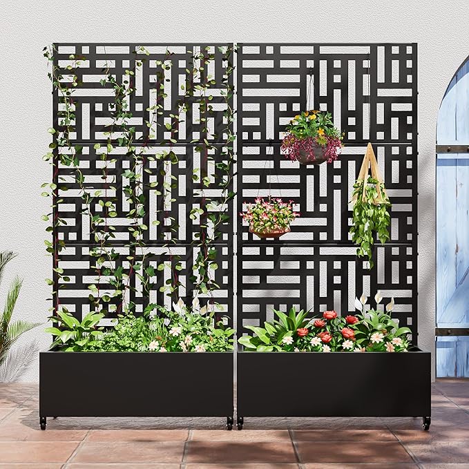 Casaphoria Metal Raised Garden Bed with Trellis and Wheels 72x35x16 Planter Box for Climbing Plants Vegetables &amp Vines Features Drainage Holes and Privacy Screen (Black-Helen)