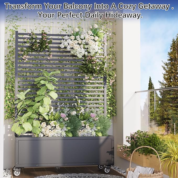 Planter Box with TrellisRaised Garden Bed with TrellisPrivacy Planters for Patio with Drainage Holes &amp Lockable Casters for Climbing PlantsVegetables and Vines