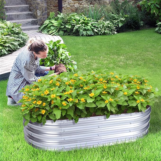 Aoodor Galvanized Raised Garden Bed Kit 4 x 2 x 1 Ft Oval Planter Box for Vegetables Flowers Herbs Outdoor Use Silver
