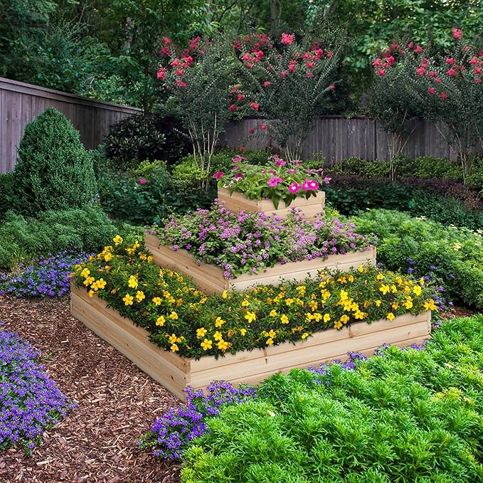 Yaheetech 3 Tier Wooden Raised Garden Bed 44.5'' L×44.5″ W×20.5″ H 2 PCS Horticulture Open-Bottom Planter Raised Garden Bed for Flowers/Herbs/Vegetables Planter Flower Box