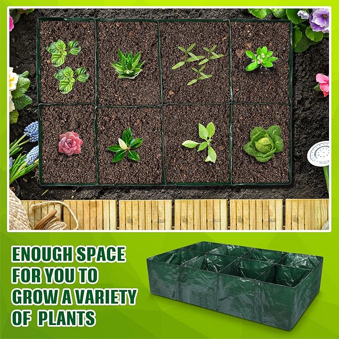 Woanger 6 Pcs 35 Gallon Plastic Raised Garden Bed 8 Divided Grids Planter Box with Drainage Holes PE Fabric Rectangle Raised Planting Bed for Vegetables Fruits Flowers Potato Outdoor Gardening