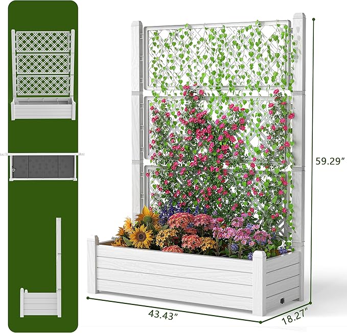 21 Gallon Raised Garden Bed with Trellis Self Watering Raised Planter Box with Drainage Holes and Gauge for Climbing Plants Vegetables and Flowers Durable Anti-Rust Resin for Backyard Patio
