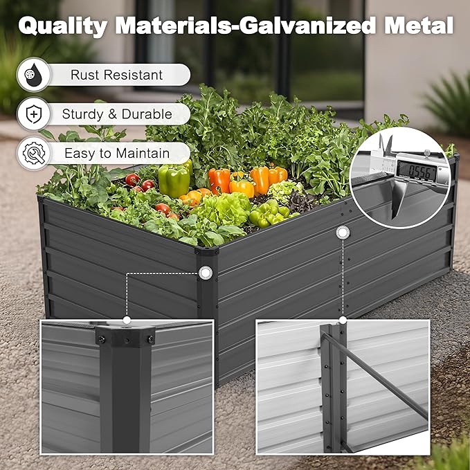 NUU GARDEN 6x3x2ft Rectangular Galvanized Raised Garden Bed for Gardening Elevated Planting Metal Planter Box Outdoor Patio Planting Bed for Vegetables Flowers Herb Dark Gray