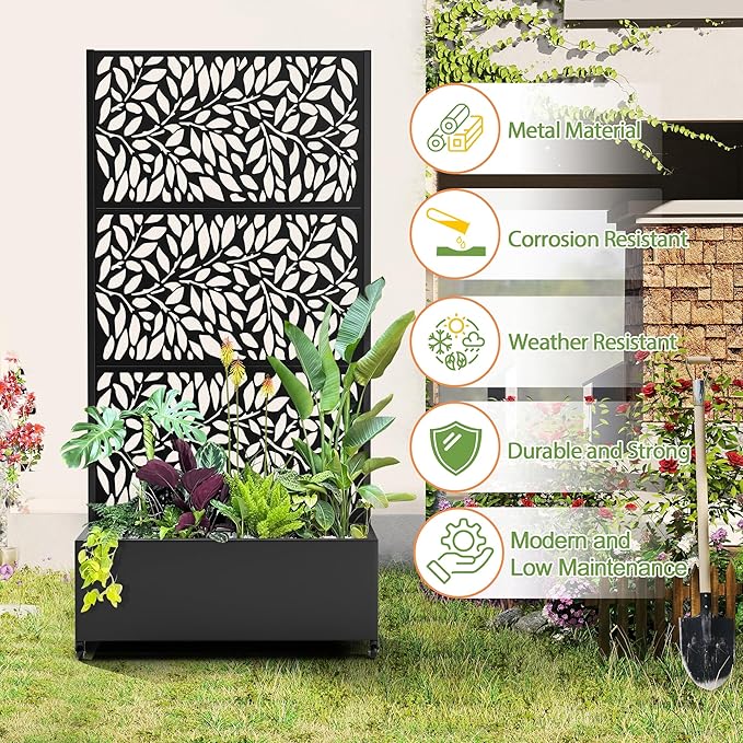 Raised Garden Bed with Trellis and Wheels73x35x16 Metal Raised Garden BedBlack Flowing Leaf-2 Metal Planter with Climbing Trellis for Vines &amp Vegetables