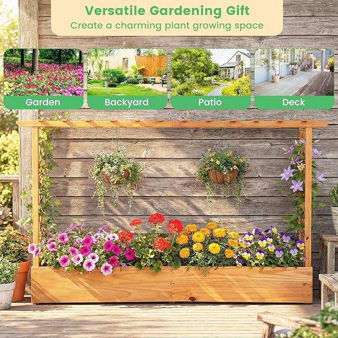 45-Inch Raised Garden Bed Wood Garden Freestanding Elevated Planter with Hanging Roof Drainage Holes for Vine Climbing Plants Flowers Planter Box with Trellis for Garden Patio Yard