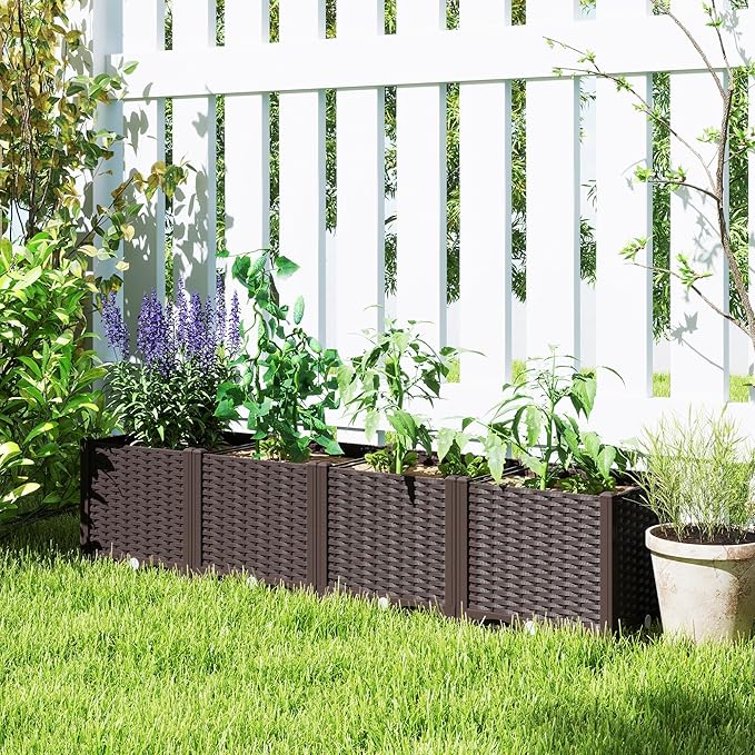 Outsunny 5 x 1 x 1 ft Raised Garden Bed Indoor Outdoor Plastic Planter Box with Drainage Holes Drain Plugs and Water Reservoirs for Vegetables Herbs Flowers &amp Succulents Brown
