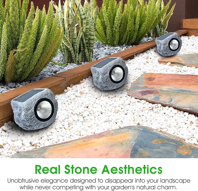 4 Pack Solar Garden Rock Lights Outdoor 20 LM Bright White Spotlights with Auto On/Off IP65 Waterproof 6000K Led Solar Powerd Landscape Stone Lights for Pathway Walkway Yard Patio