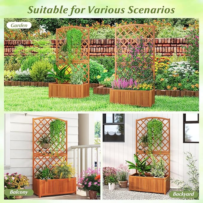 2 Pack Raised Garden Bed with Trellis 30 x 14 x 10 Inch Large Planter Box Solid Acacia Wood Frame Slat Base 63” Tall Planter for Climbing Plants Flowers Outdoor Patio Balcony Backyard