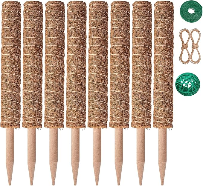 8 Pcs Moss Pole for Plants Monstera Plant Support Stakes for Indoor Climbing Plants Grow Upwards with 65ft Twist Ties 13ft Jute Rope 6.5ft Hook-and-Loop Strip