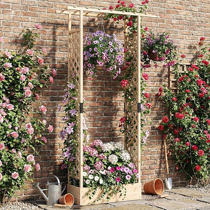 S AFSTAR Raised Garden Bed with Trellis 2 Pieces Fir Wood Planter Box with Flat Roof &amp Drainage Holes Vertical Planter Raised Bed for Climbing Plants Flowers &amp Vegetables 43 x 14 x 89 (