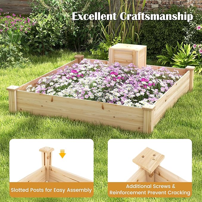 Giantex Raised Garden Bed 49x49x10 Wood Planter Box Kit w/Compost Bin &amp Open-Ended Bottom for Vegetables Flowers Herbs Fruits Elevated Square Planting Bed for Patio Backyard Garden