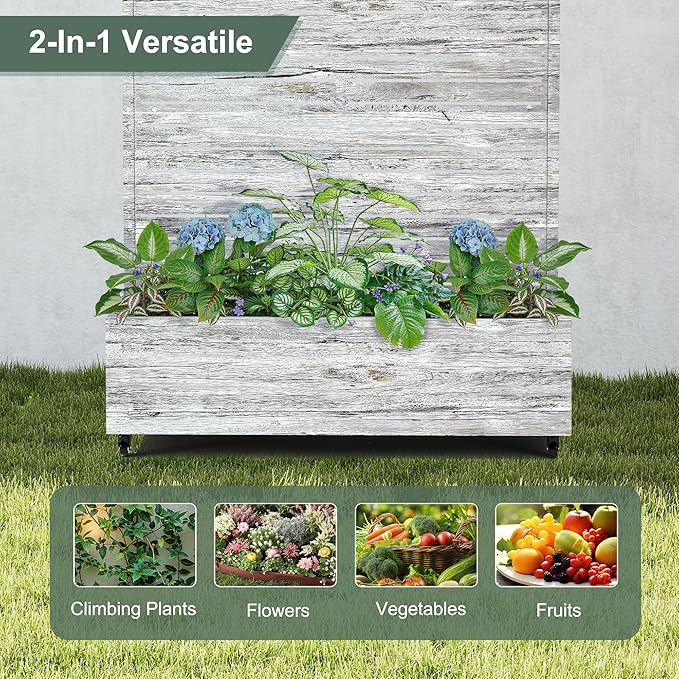 Metal Planter Boxs with Trellis &amp Wheels for Outdoor Plants Vines Large Raised Garden Beds with Drainage Holes for Patio (47 L Gray Oak Grain)