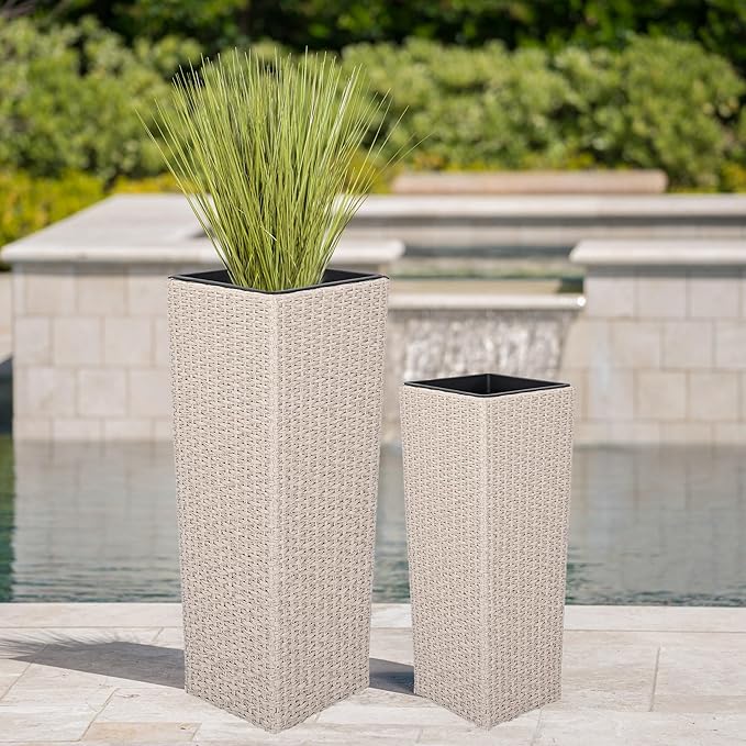 Outdoor PE Wicker Flower Pots 2 Pcs Set Beige