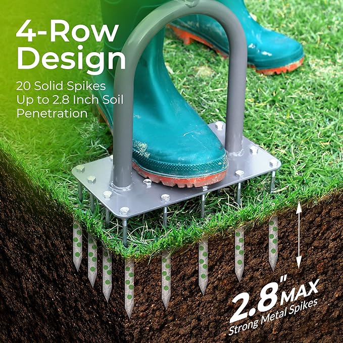 Walensee Four-Row Spike Lawn AeratorManual Heavy-Duty Steel Aerator Lawn Tool with 20 Sharp SpikesIdeal for Small YardsLawn EdgesSpot Seeding &amp Soil PrepBare Spots RepairGardening Aeration T
