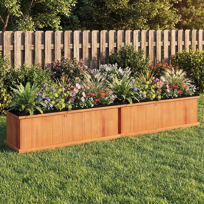 Giantex Outdoor Raised Garden Bed Set of 2 40” x 13” x 12” Pine Wood Planter Box w/ 3 Drainage Holes Removable Bottom &amp Bed Liner Rectangular Flower Container for Vegetables Herbs Indoor &amp