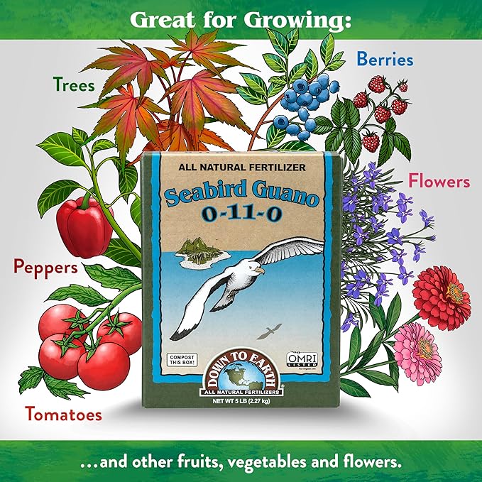 Down To Earth All Natural Fertilizers Organic Seabird Guano - High Phosphorus Plant Food for Buds Blooms Flowers 0-11-0 5 lb