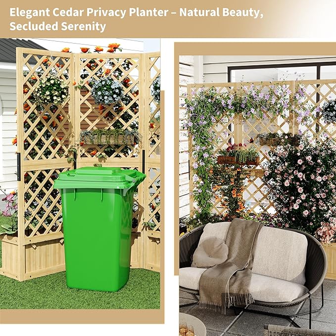 Cedar Privacy Screen with Planter Box - 3-Panel 65 Tall Outdoor Divider Freestanding Garden Fence with Raised Bed &amp Drain Holes for Patio Deck Backyard (Natural Wood)