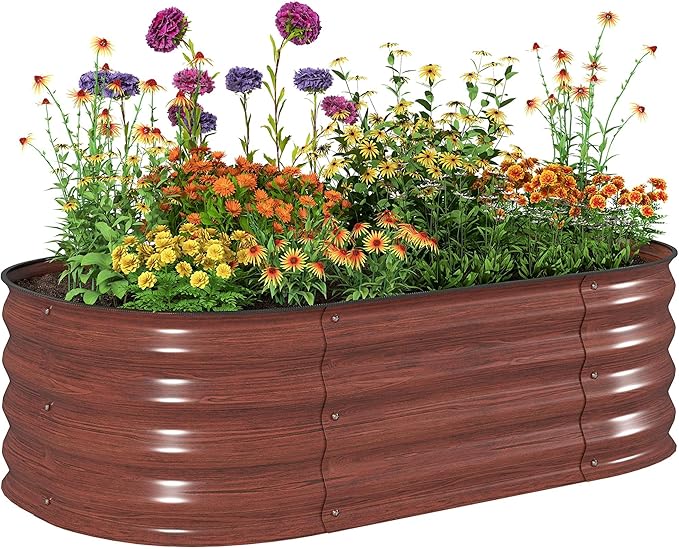 Outsunny 3.5' x 2' x 1' Galvanized Raised Garden Bed Kit Outdoor Metal Elevated Planter Box with Safety Edging Easy DIY Stock Tank for Growing Flowers Herbs &amp Vegetables Brown