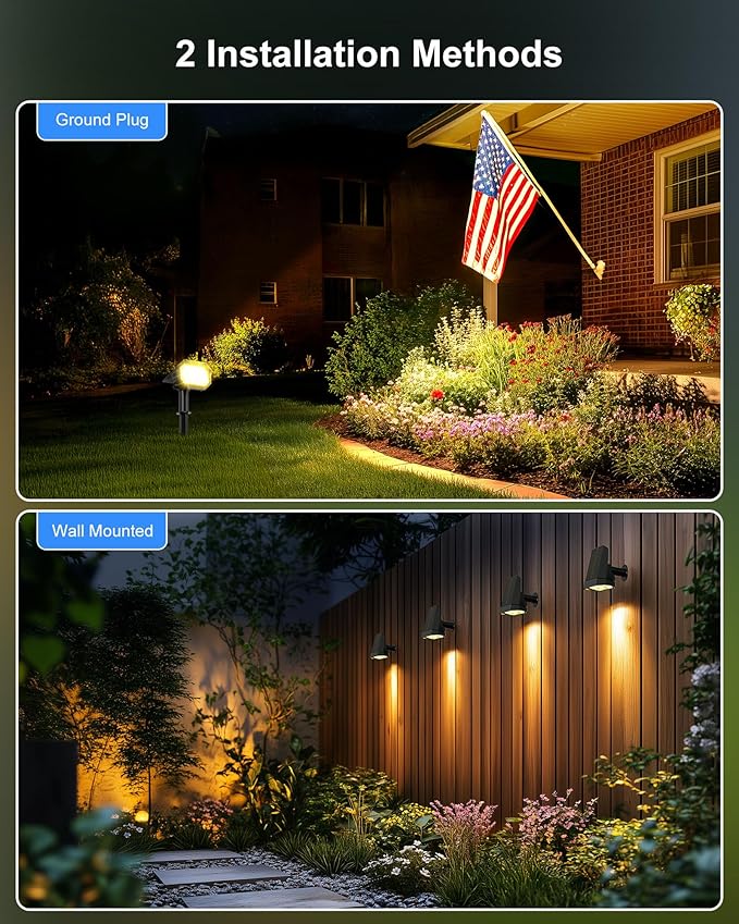 Brightown Solar Lights Outdoor with 58 LED &amp Auto ON/Off IP67 Solar Spot Lights Outdoor with 3 Light Intensities. 2-in-1 Outdoor Solar Lights for Yard Gardens Flag and Pathways. 4Pcs (Warm Whit