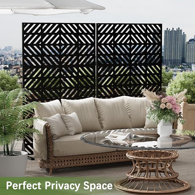 Cofar Metal Privacy Screen Outdoor 72 H×44 W -Black Freestanding Outdoor Privacy Panels with Stand Decorative Fence for Patio Deck Balcony（Striped）