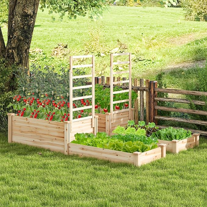 Giantex Raised Garden Bed with Trellis Set of 2 Wood Shallow &amp Deep Planter Box for Climbing Plants Cucumber Vegetables Flowers Herbs Fruits Easy Assembly Outdoor Rectangular Floor Gardening Be
