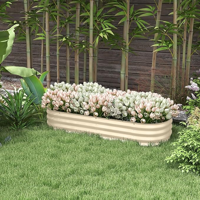 4.9' x 2' x 1' Galvanized Raised Garden Bed Kit Outdoor Metal Elevated Planter Box with Safety Edging Easy DIY Stock Tank for Growing Flowers Herbs &amp Vegetables Cream