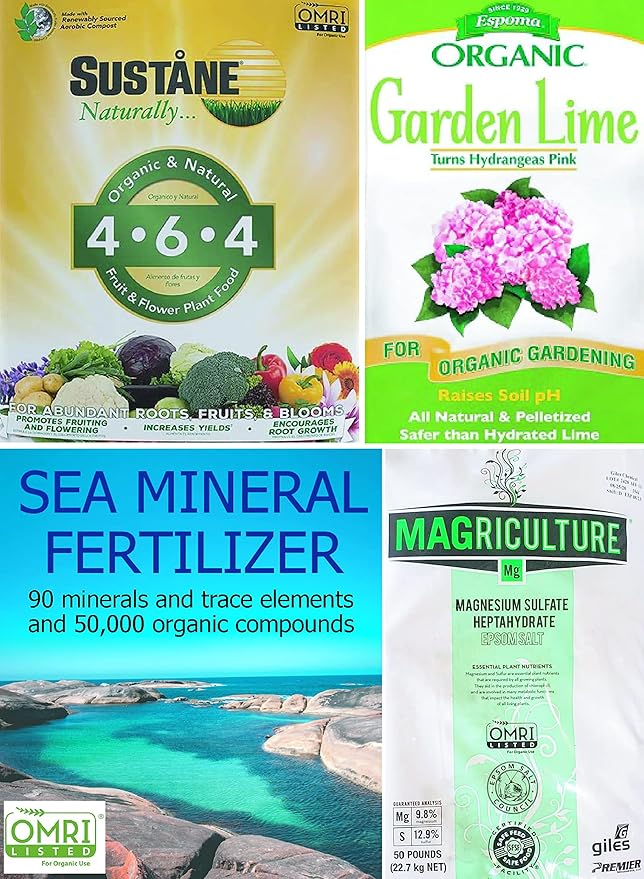 Gardening with Leon Organic Fertilizer Kit - Sustane 4-6-4 Organic Slow-Release Fertilizer Sea Mineral Fertilizer Epsom Salt &amp Gardening Lime - 1.8 lb (4 Cups) kit