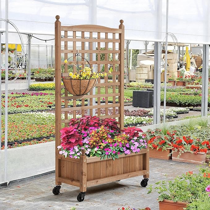 Yaheetech 2pcs 50 H Raised Garden Bed with Trellis &amp Wheels Standing Vertical Horticulture Planter Box for Vine Climbing Plants Flowers Herbs Brown