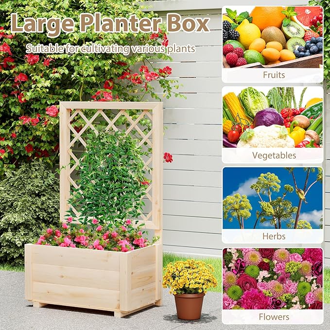 Giantex Raised Garden Bed with Trellis Wooden Elevated Planter Box for Climbing Plants Outdoor Garden Planter for Vegetables Flowers Herbs Patio Balcony Planting Box 23 x 14 x 40 Inch