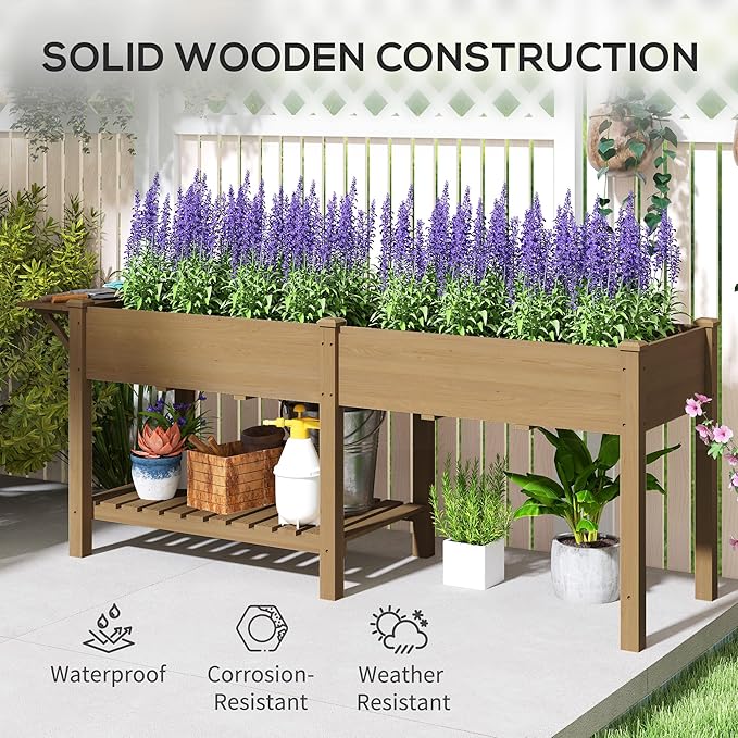 Outsunny Raised Garden Bed Wood Elevated Planter Box with Side Table Bottom Shelf Outdoor Raised Planter with Bed Liners Drainage Holes for Vegetable Flower 81.5 x 23 x 31 in Carbonized Brown