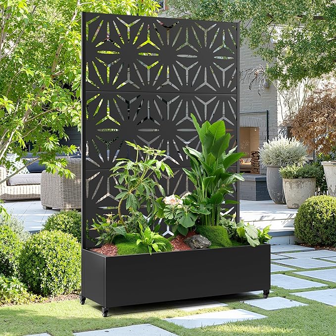 15.7×70.9×47.2 Metal Raised Garden Bed with Trellis and Wheels - Tall Trellis Planter Box for Climbing Plants Vegetables &amp Vines - Outdoor Privacy Planters for Patio (Black-Star)