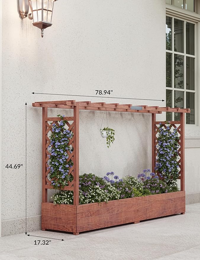 Elevated Wooden Garden Bed with Trellis - 45 in Planter Box with Side Supports Canopy and Drainage Holes – Perfect for Climbing Plants Vines and Blossoms