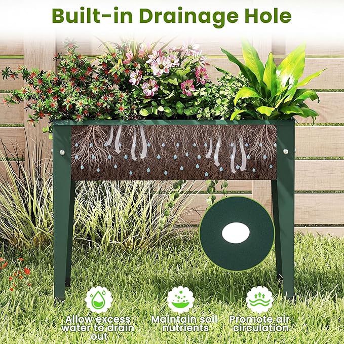 2 Pcs Raised Garden Bed with Legs 24 x 11 x 18 Inch Metal Elevated Planter Box w/Drainage Hole for Flowers Herbs Standing Raised Planter Bed for Indoor Outdoor Balcony Patio Backyard Green