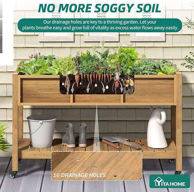 YITAHOME Raised Garden Bed HDPE 47x18x31In Herb Garden Bed Poly-Wood Weather-Resistant Elevated Planter Box with Lockable Wheels &amp Storage Shelf for Vegetable Flower Brown