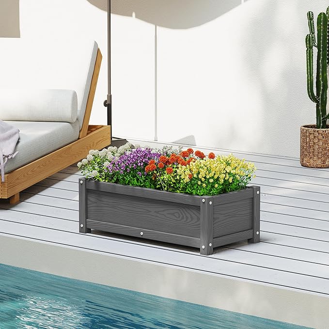 HDPE Planter Box All-Weather Outdoor Garden Bed Easy to Assemble Drainage System Low Maintenance Non-Fading for Flower/Herb/Seed (Gray)