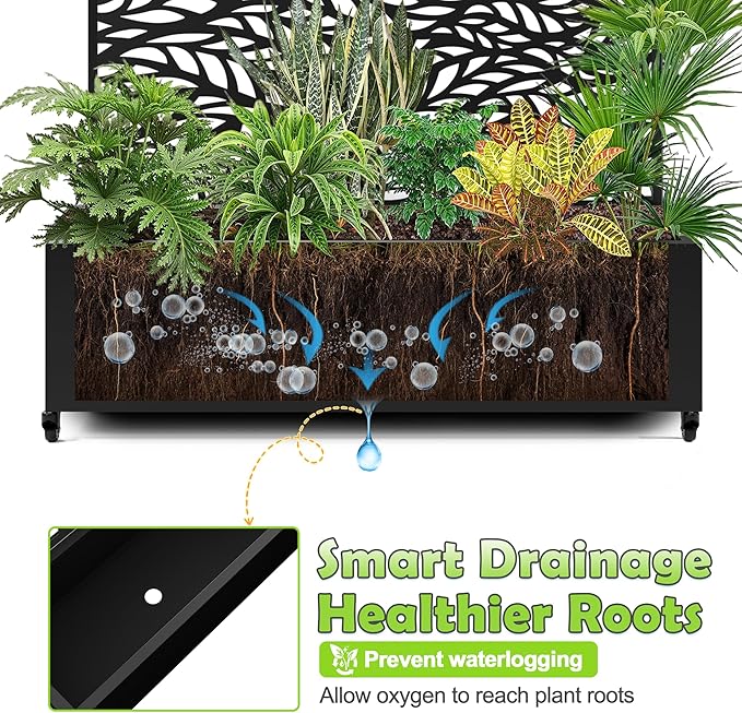 15.7×70.9×47.2 Metal Raised Garden Bed with Trellis and Wheels - Tall Trellis Planter Box for Climbing Plants Vegetables &amp Vines - Outdoor Privacy Planters for Patio (Black-Spring)