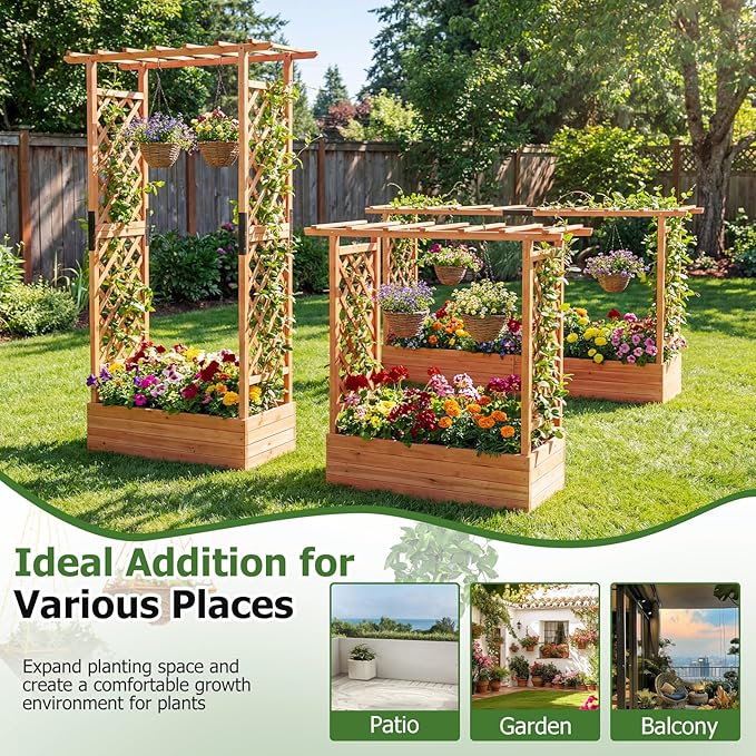 HAPPYGRILL Raised Garden Bed with Trellis &amp Hanging Roof 45 Tall Wooden Planter Box with Drainage Holes Outdoor Wood Elevated Garden Bed for Climbing Plants Vines Vegetables Flowers (Orange2)