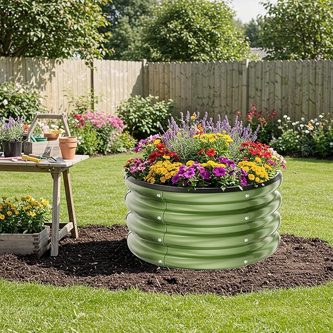 ZXZYHFTY Round Galvanized Raised Garden Bed kitGreen Outdoor Garden Raised Planter Box Round Large Metal Raised Garden Beds for Vegetable 2 * 2 * 1ft 3 Pcs