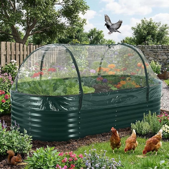 8X4 FT Large Galvanized Raised Garden Bed with Greenhouse Cover Steel Planter Kit with Zippered Doors &amp Open Base for Vegetables &amp Flowers Green
