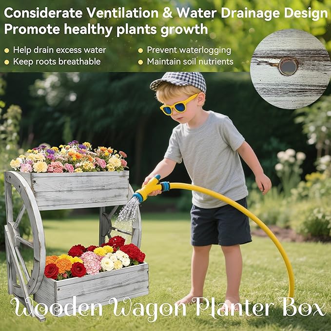 Wooden Wagon Garden Planter Box with Wheels-Indoor/Outdoor Decor for Patio Backyard Balcony-Country Farmhouse Flower Box-2 Tier Rustic Garden Raised Bed for Flowers Herbs Vegetables
