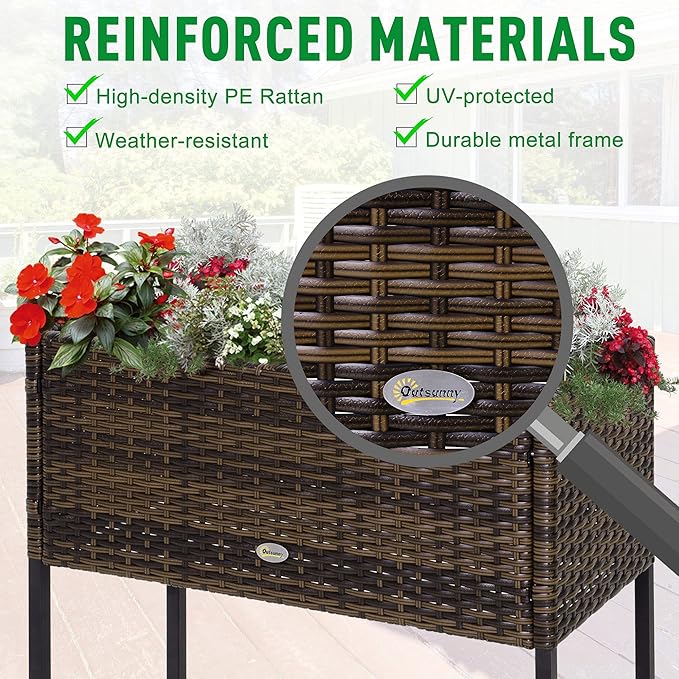 Outsunny Raised Garden Bed Elevated Planter Box with Rattan Wicker Look Tool Storage Shelf Portable Design for Herbs Vegetables Flowers Brown