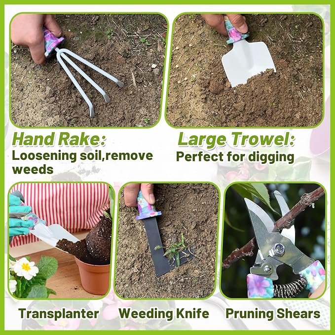 Gardening Gifts for Women Gardeners - Garden Tools Set with Woven Basket Gardening Kit with Trowel Pruning Shears Weeding Knife Hand Rake Gardening Tools for Mom Grandma Birthday Gifts Pink