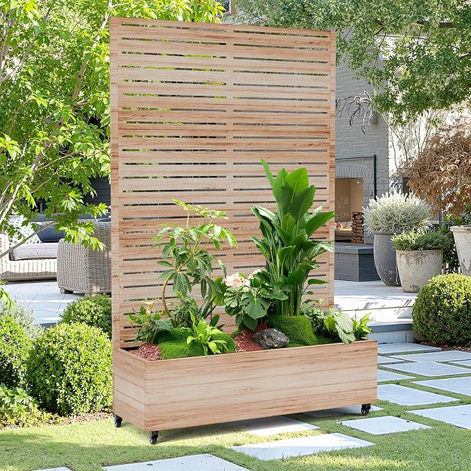 15.7×70.9×47.2 Metal Raised Garden Bed with Trellis and Wheels - Tall Trellis Planter Box for Climbing Plants Vegetables &amp Vines - Outdoor Privacy Planters for Patio (Acacia Wood Grain)
