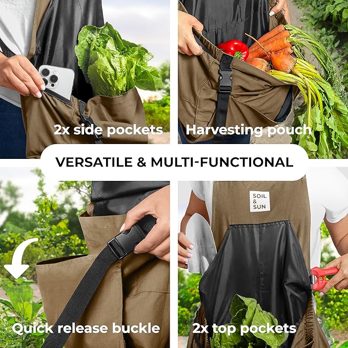 Soil &amp Sun Gardening Apron with Pockets and Harvesting Pouch - Durable Canvas Design for Men and Women - Convenient Tool Storage and Effortless Harvesting (Dark Beige)
