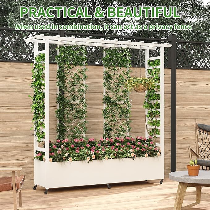 Raised Garden Bed with Trellis &amp Hanging Roof Weatherproof Metal Planter Box with Wheels Garden Arch Trellis for Outdoor Climbing Plants Vines Flowers 74 H x 77 L x 17 W White