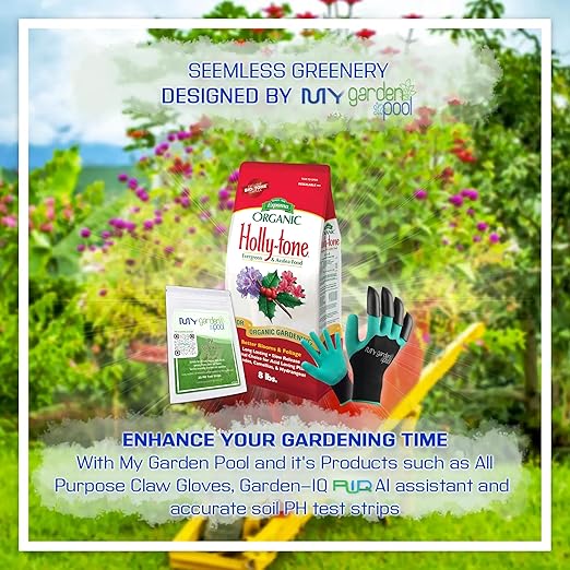 Espoma HT8 Organic Holly-Tone 4-3-4 8 lb. Evergreen &amp Azalea Plant Food with My Garden Pool PH Soil Test Strips 20 ct and Gardening Claw Gloves and Garden-IQ Smart Gardening AI Assistant!