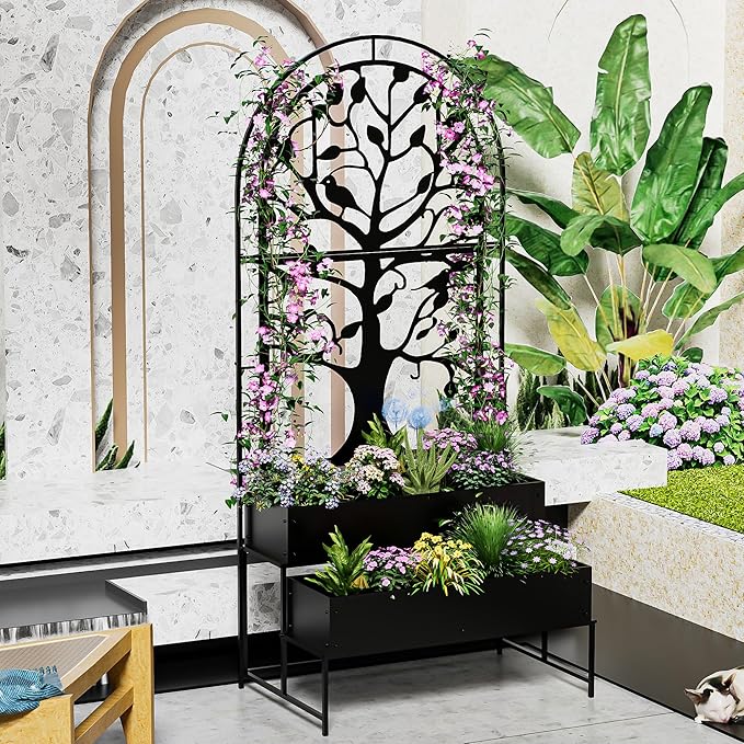 Arched Outdoor Planter Box with Trellis Set of 2 for Climbing Plants 2 Tiers Metal Privacy Planters for Patio Raised Garden Bed with Legs for Vegetables Balcony 75.2 x 22 x 34.6 Inch 2PCS Black